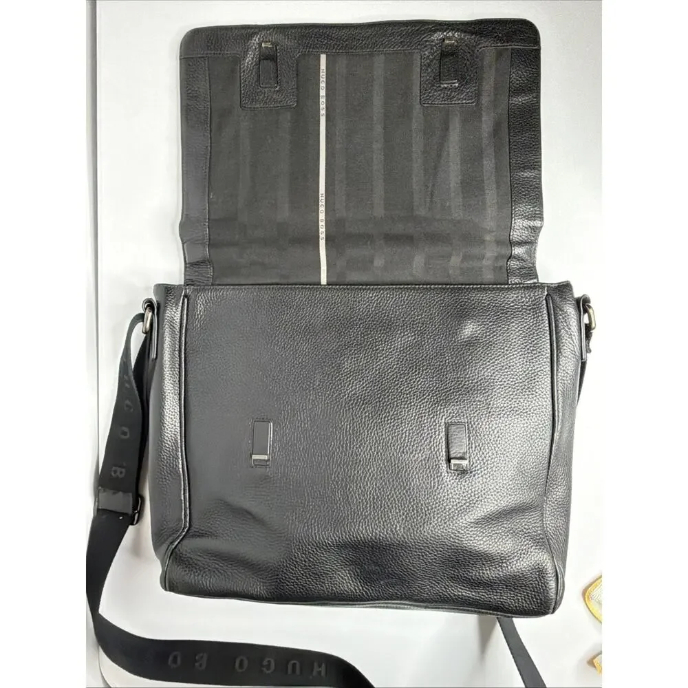 Hugo Boss Genuine Black Leather Laptop Messenger Bag Luxury Work Crossbody Satch